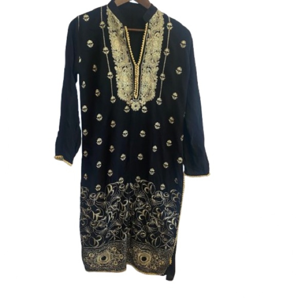 Beautiful Handmade Black and Gold Embroidered Tunic Beach Cover Up